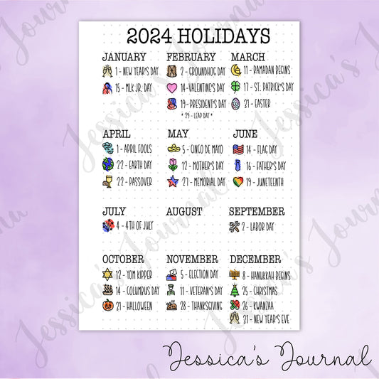 DIGITAL DOWNLOAD PDF 2024 Holidays | Journal Spread