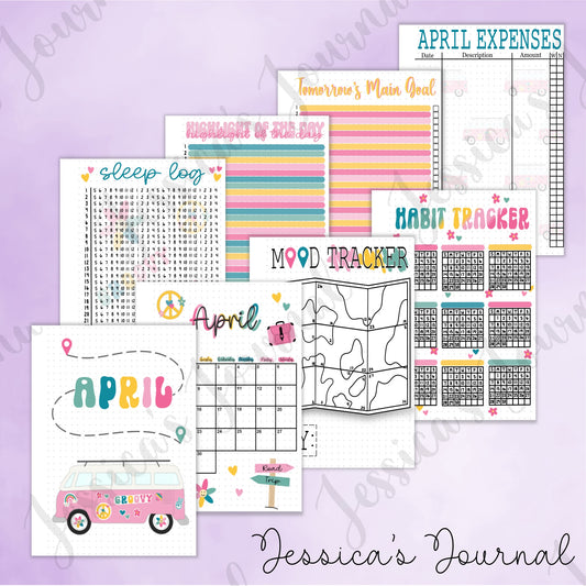 Digital Download PDF April Groovy Road Trip Themed Monthly Spreads | 2024