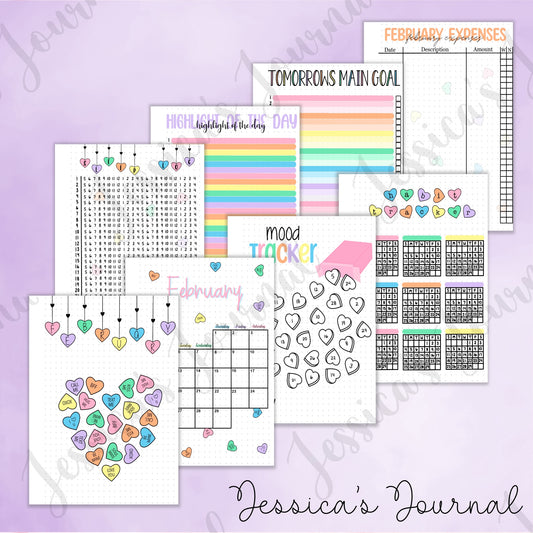 Digital Download PDF February Candy Hearts Themed Monthly Spreads | 2024