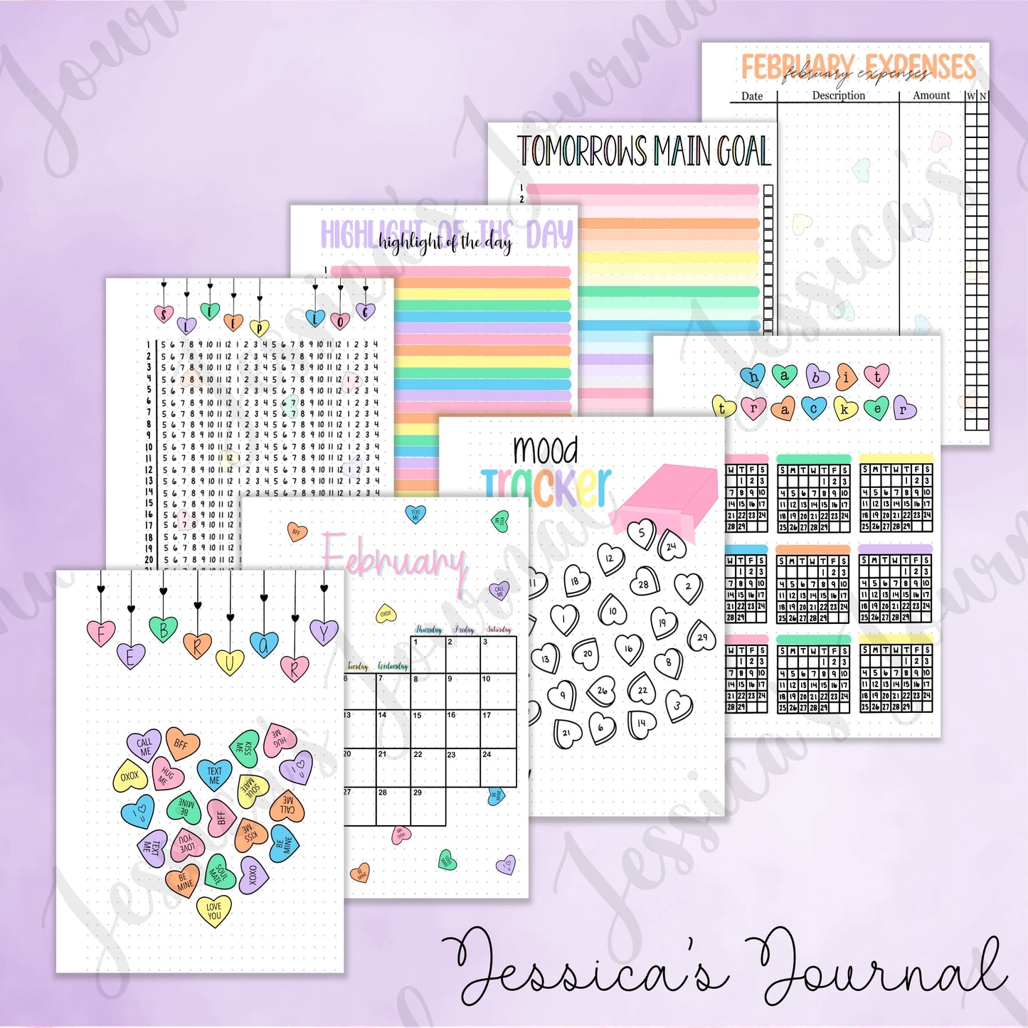 Digital Download PDF February Candy Hearts Themed Monthly Spreads | 2024