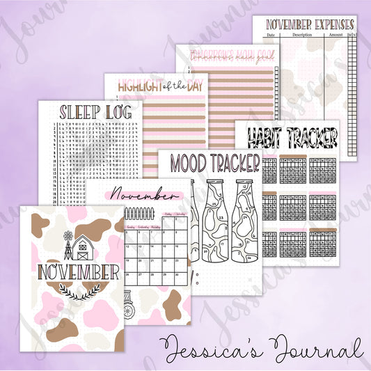 Digital Download PDF November Cow Print Themed Monthly Spreads | 2024