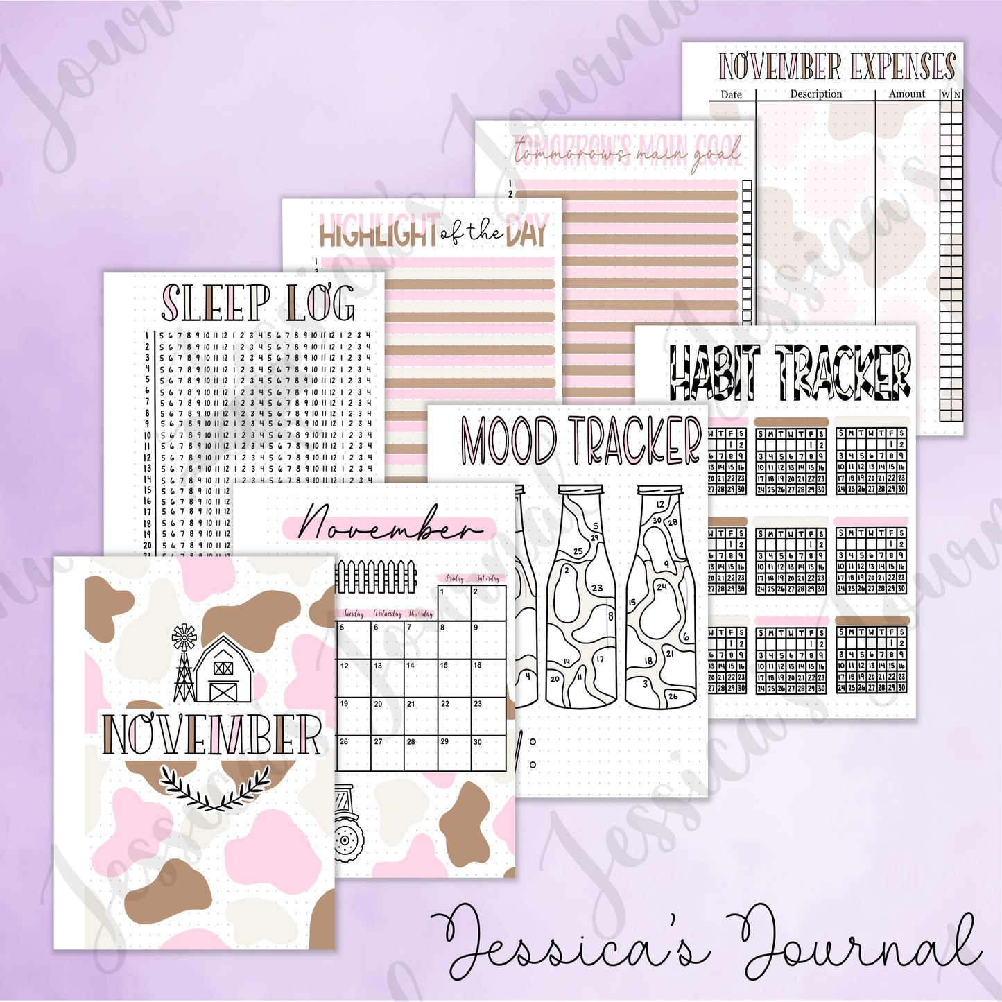 Digital Download PDF November Cow Print Themed Monthly Spreads | 2024