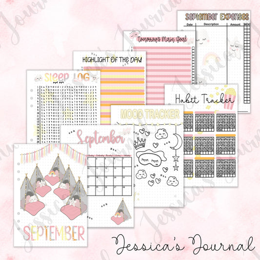 September Slumber Party Themed Monthly Spreads | 2024