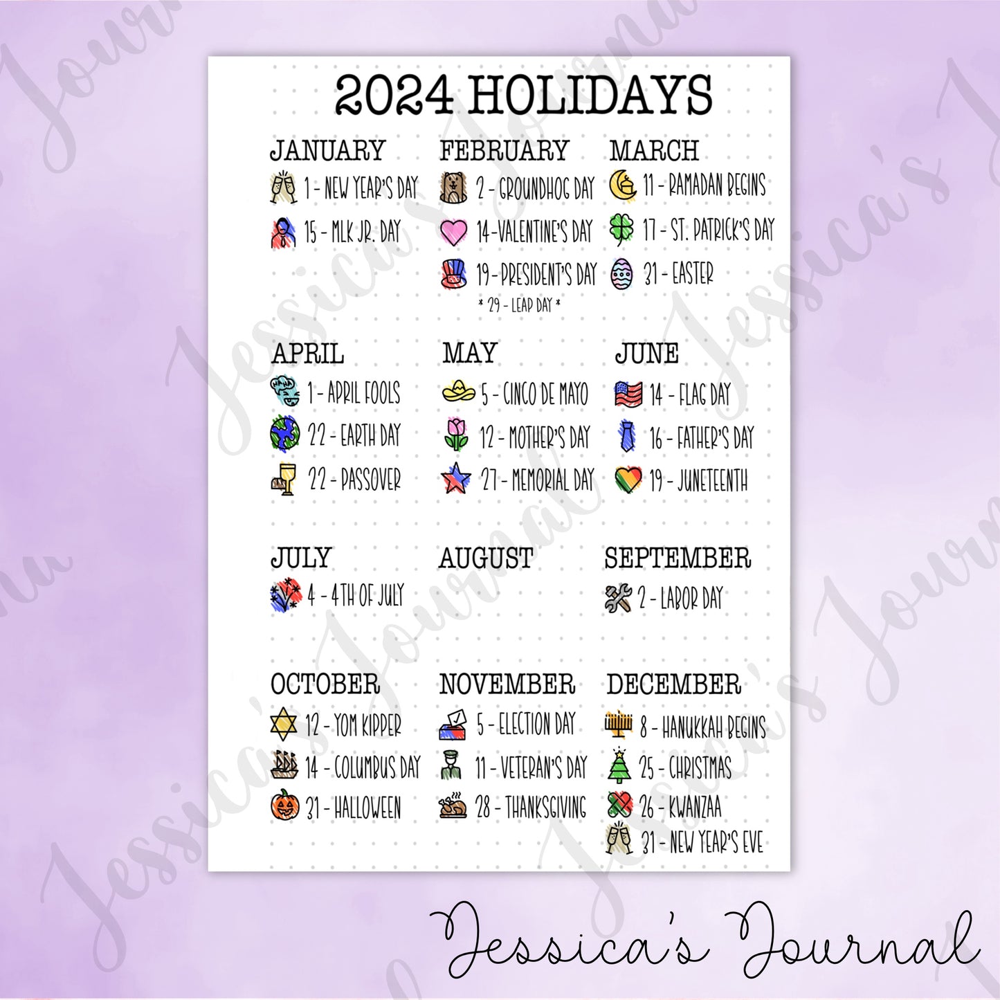 DIGITAL DOWNLOAD PDF 2024 Holidays | Journal Spread