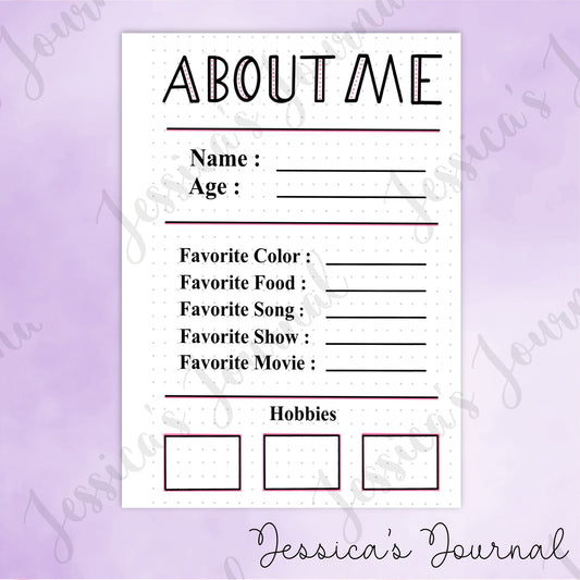 DIGITAL DOWNLOAD PDF About Me | Journal Spread