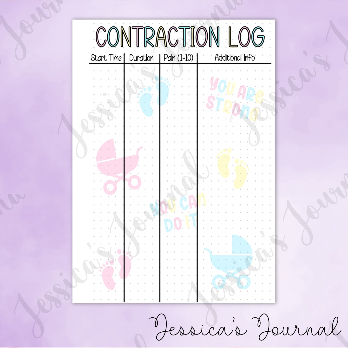 DIGITAL DOWNLOAD PDF Contraction Log | Pregnancy Journal Spread