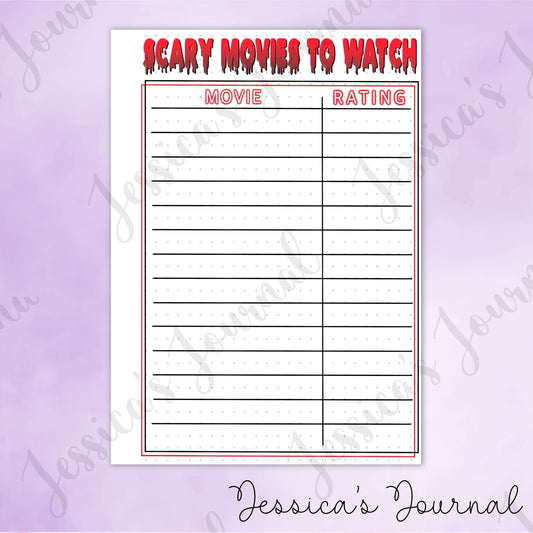 DIGITAL DOWNLOAD PDF Scary Movies to Watch | Journal Spread