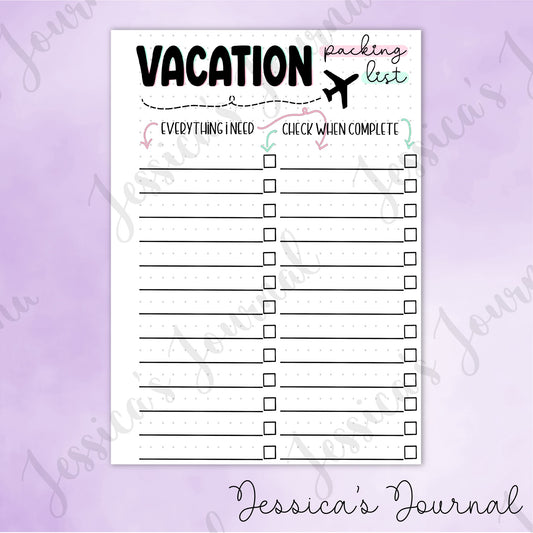 DIGITAL DOWNLOAD PDF Vacation Packing List | Journal Spread