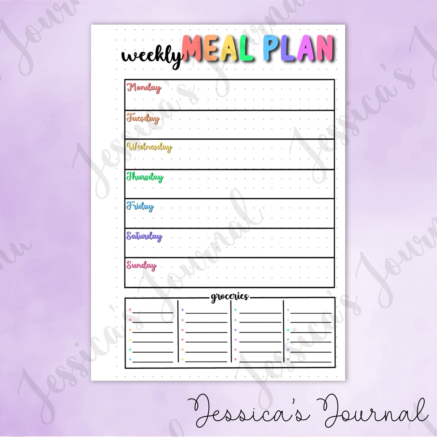 DIGITAL DOWNLOAD PDF Weekly Meal Plan | Journal Spread – Jessica's Journal